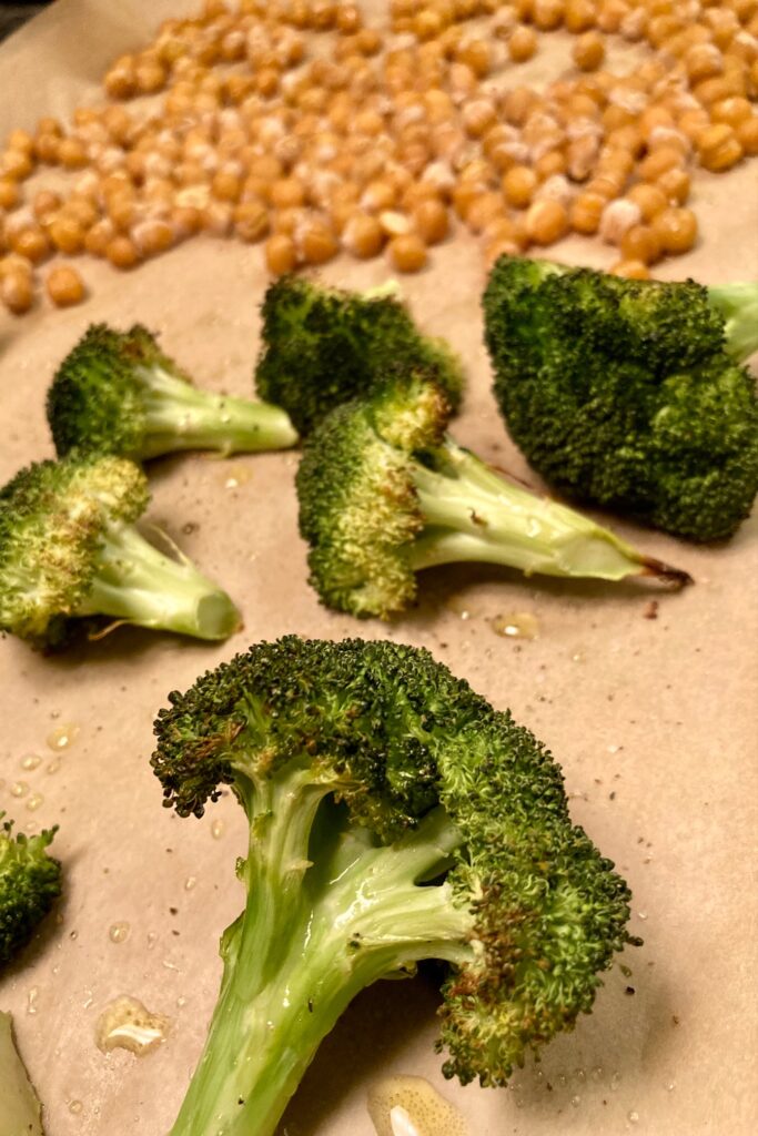 roasted broccoli and chickpeas on a sheet pan