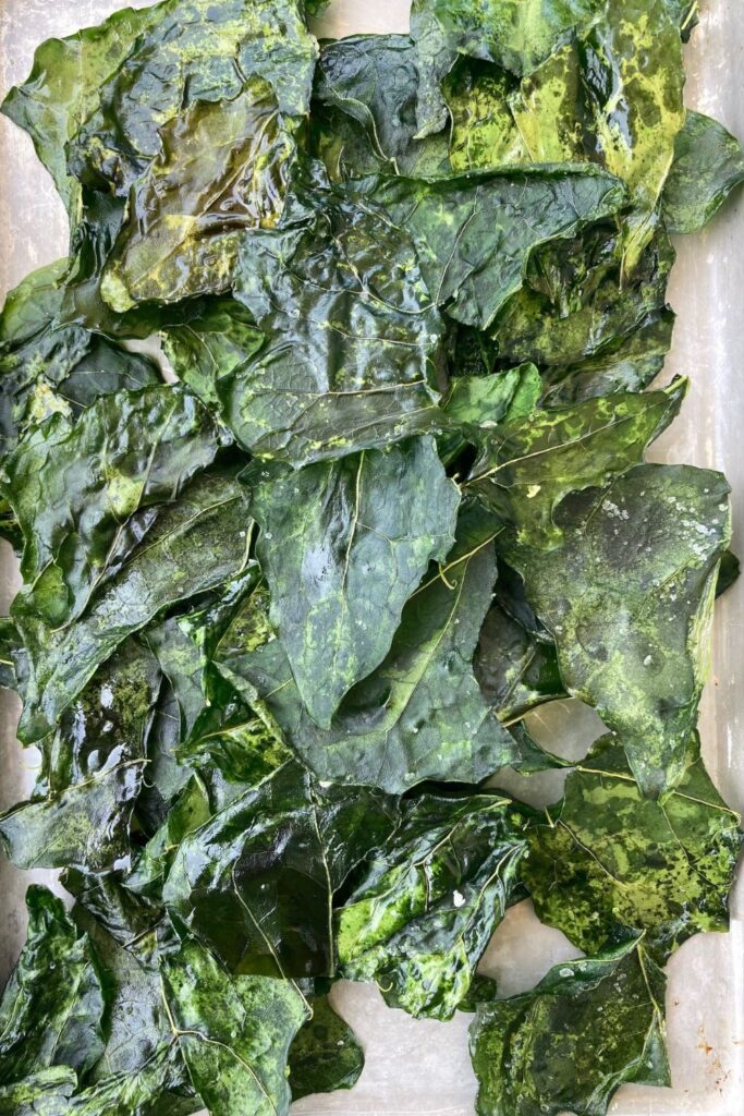 kohlrabi chips: roasted kohlrabi leaves